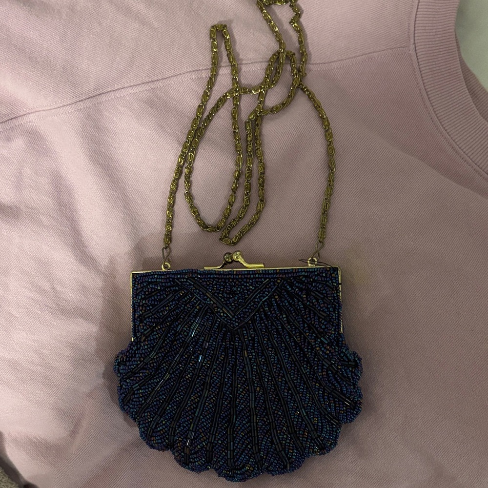 Navy Beaded Clutch with Chain Strap